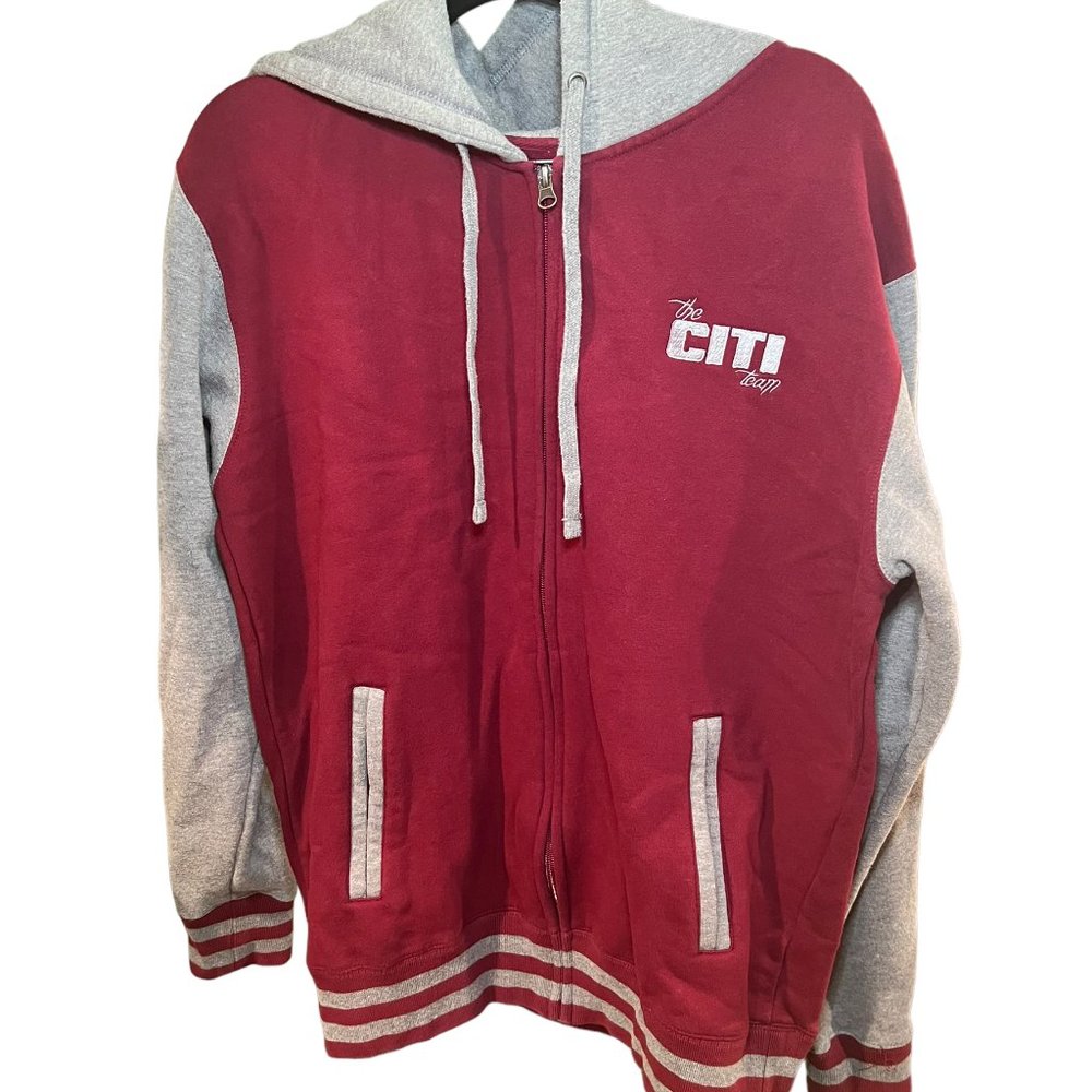 The Citi Team Family First Hooded Jacket Drawstring Full Zip Up Red Gray Medium